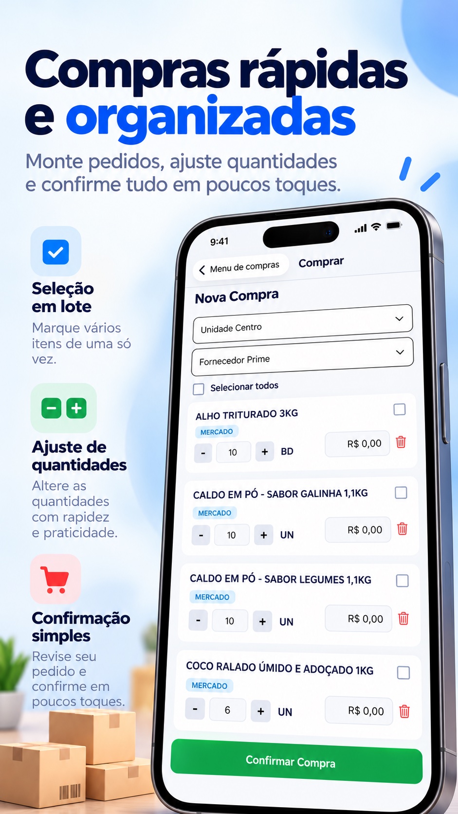 Compras rápidas e organizadas: seleção em lote, ajuste de quantidades e confirmação de pedidos no Stock Pro