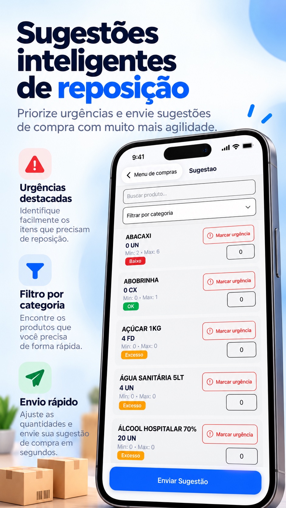 Sugestões de reposição no Stock Pro com urgências destacadas, filtro por categoria e envio de sugestões de compra