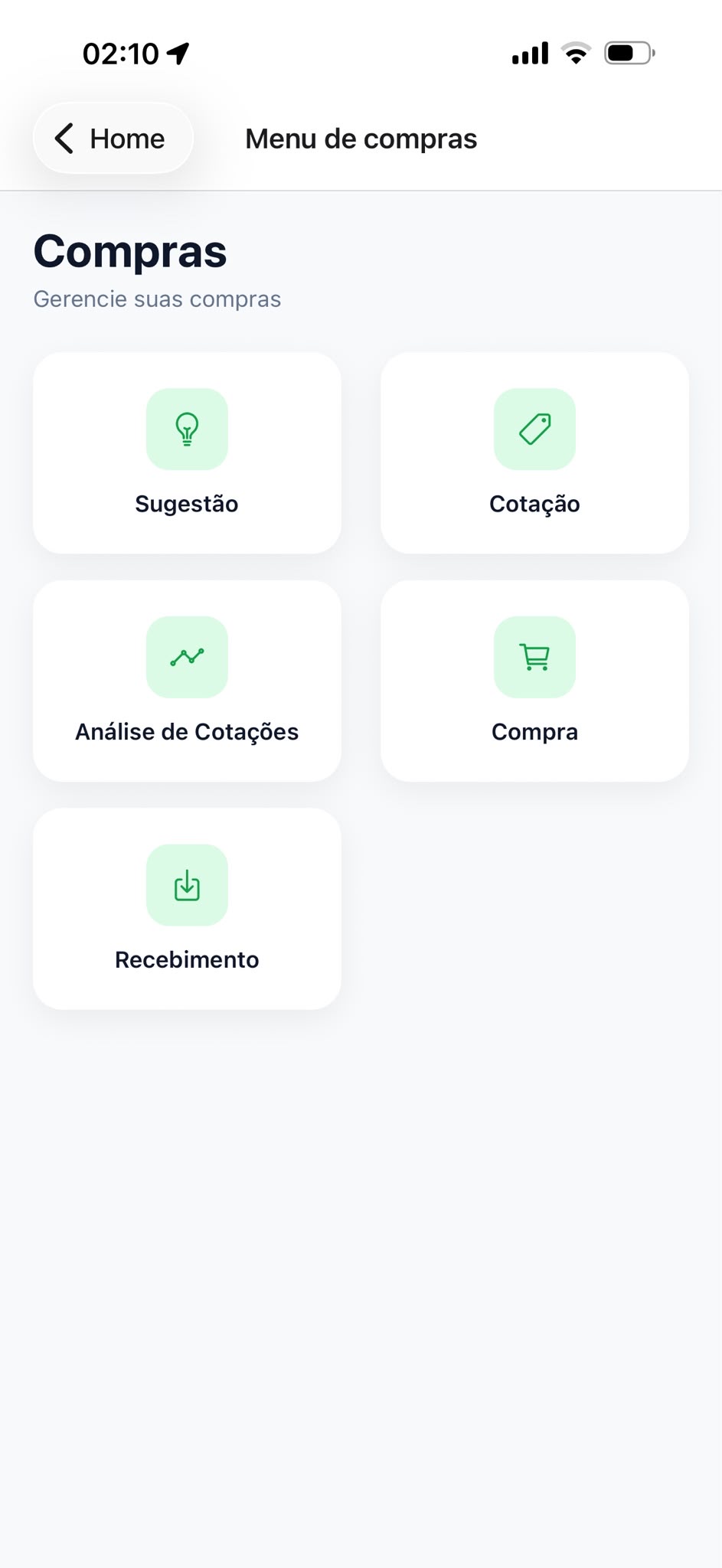 Menu Stock Pro com sugestão, cotação, análise de cotações, compra e recebimento